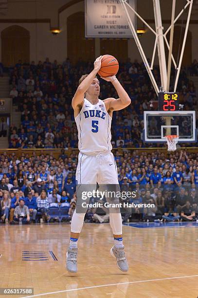 Luke Kennard of the Duke Blue Devils takes a three-point shot against the William & Mary Tribe during the game at Cameron Indoor Stadium on November...