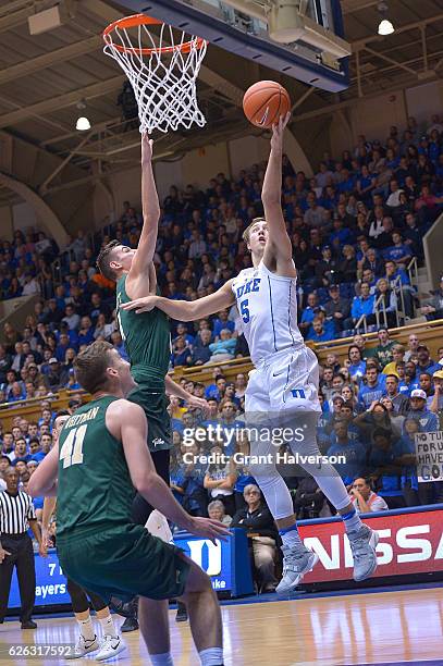 Luke Kennard of the Duke Blue Devils shoots against the William & Mary Tribe during the game at Cameron Indoor Stadium on November 23, 2016 in...