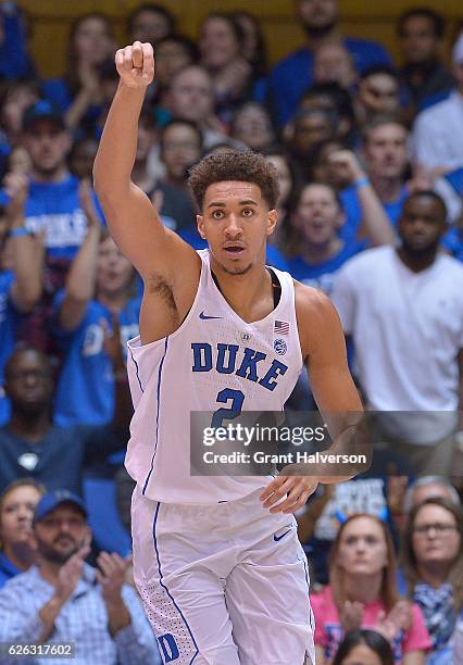 Chase Jeter of the Duke Blue Devils reacts during the game against the William & Mary Tribe at Cameron Indoor Stadium on November 23, 2016 in Durham,...