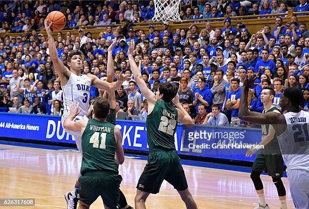 Grayson Allen of the Duke Blue Devils shoots against the William & Mary Tribe during the game at Cameron Indoor Stadium on November 23, 2016 in...