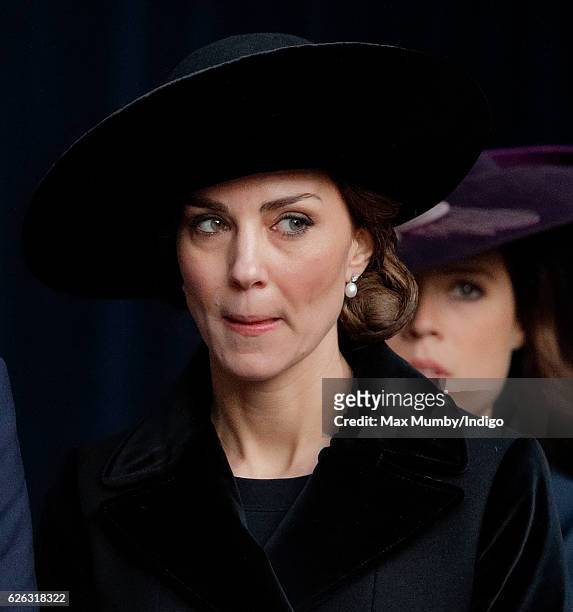 Catherine, Duchess of Cambridge attends a Memorial Service for Gerald Grosvenor, 6th Duke of Westminster at Chester Cathedral on November 28, 2016 in...