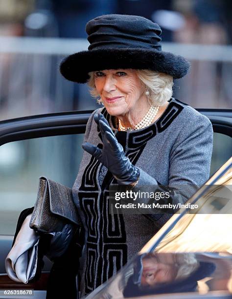 Camilla, Duchess of Cornwall attends a Memorial Service for Gerald Grosvenor, 6th Duke of Westminster at Chester Cathedral on November 28, 2016 in...