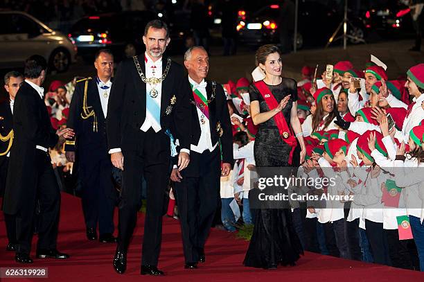 King Felipe of Spain, President of Portugal Marcelo Rebelo de Sousa and Queen Letizia of Spain attend a Gala Dinner at the Dukes of Braganza Palace...