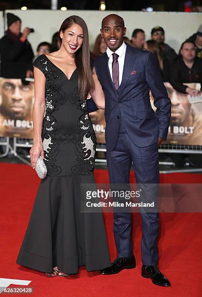 Mo Farah and Tania Nell attend the World Premiere of "I Am Bolt" at Odeon Leicester Square on November 28, 2016 in London, England.