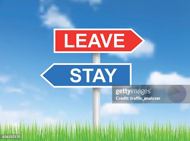 signs "leave" and "stay" over sky - leaving party stock illustrations