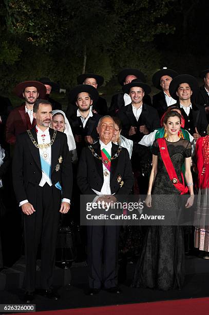 King Felipe of Spain , President of Portugal Marcelo Rebelo de Sousa and Queen Letizia of Spain attend a Gala Dinner at the Dukes of Braganza Palace...