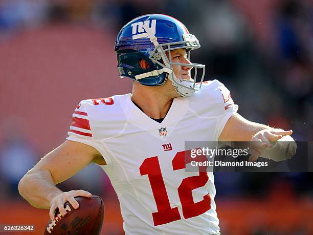 Quarterback Ryan Nassib of the New York Giants throws a pass prior to a game against the Cleveland Browns on November 27, 2016 at FirstEnergy Stadium...