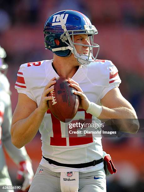 Quarterback Ryan Nassib of the New York Giants drops back to pass prior to a game against the Cleveland Browns on November 27, 2016 at FirstEnergy...