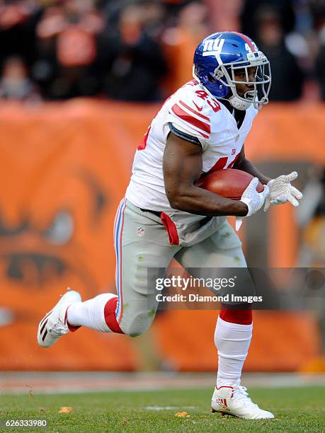 Running back Bobby Rainey of the New York Giants returns a kickoff during a game against the Cleveland Browns on November 27, 2016 at FirstEnergy...