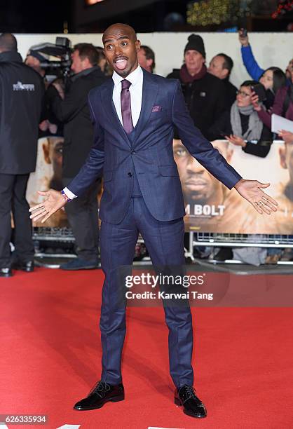 Mo Farah attends the World Premiere of "I Am Bolt" at Odeon Leicester Square on November 28, 2016 in London, England.