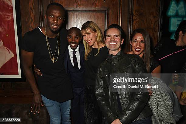 Usain Bolt, Mo Farah, Karoline Copping, Jimmy Carr and Tania Nell attend an after party following the World Premiere of "I Am Bolt" at Tape London on...