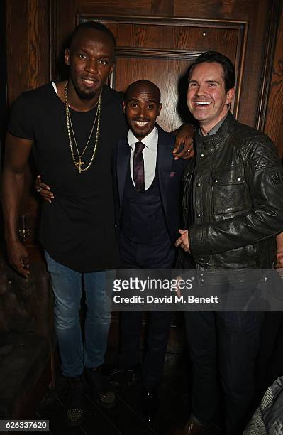 Usain Bolt, Mo Farah and Jimmy Carr attend an after party following the World Premiere of "I Am Bolt" at Tape London on November 28, 2016 in London,...