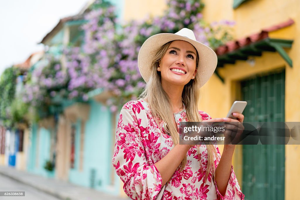 Woman social networking while traveling