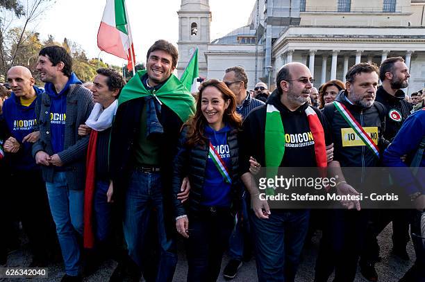 Alessandro Di Battista deputy and senator Paola Taverna , Vito Crimi senator of the Five Stars movement during demonstration the Five Stars movement...