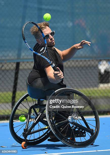 Newcombe medal winner Dylan Alcott has a hit of tennis during a media opportunity at Melbourne Park on November 29, 2016 in Melbourne, Australia.