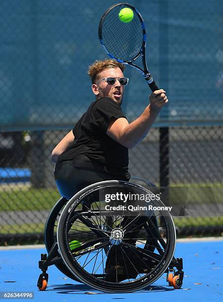 Newcombe medal winner Dylan Alcott has a hit of tennis during a media opportunity at Melbourne Park on November 29, 2016 in Melbourne, Australia.