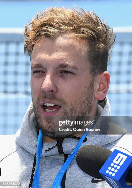 Newcombe medal winner Dylan Alcott speaks to the media during a media opportunity at Melbourne Park on November 29, 2016 in Melbourne, Australia.