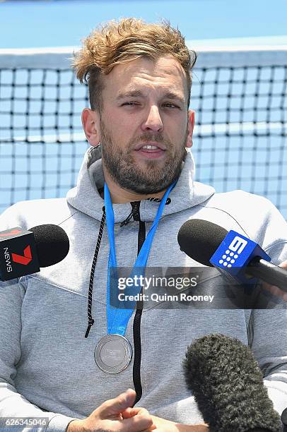 Newcombe medal winner Dylan Alcott speaks to the media during a media opportunity at Melbourne Park on November 29, 2016 in Melbourne, Australia.