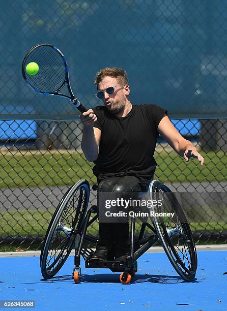 Newcombe medal winner Dylan Alcott has a hit of tennis during a media opportunity at Melbourne Park on November 29, 2016 in Melbourne, Australia.