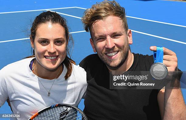 Kimberly Birrell and Newcombe medal winner Dylan Alcott pose during a media opportunity at Melbourne Park on November 29, 2016 in Melbourne,...