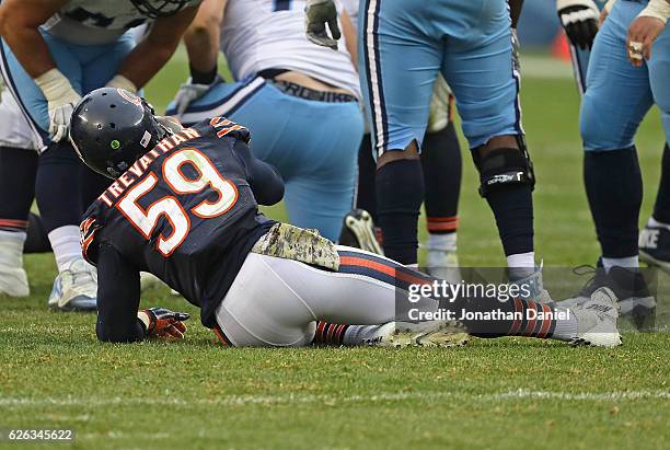 Danny Trevathan of the Chicago Bears lays on the field after suffering a knee injury against the Tennessee Titans at Soldier Field on November 27,...