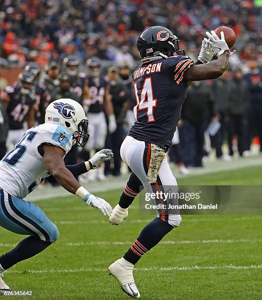 Deonte Thompson of the Chicago Bears makes a catch in front of LeShaun Sims of the Tennessee Titans at Soldier Field on November 27, 2016 in Chicago,...