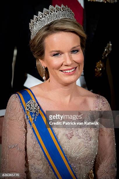 Queen Mathilde of Belgium during the official photo ahead the state banquet for the Belgian King and Queen on November 28, 2016 in Amsterdam,...