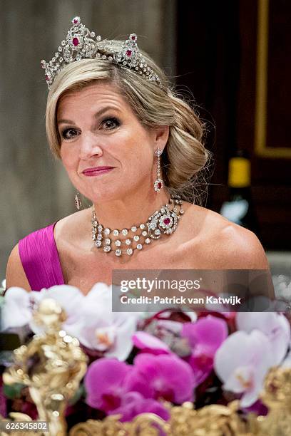 Queen Maxim of The Netherlandsduring the state banquet for the Belgian King and Queen on November 28, 2016 in Amsterdam, Netherlands.