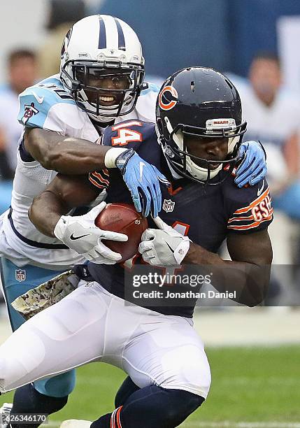 Deonte Thompson of the Chicago Bears Illinois State Redbirds tackled by Jason McCourty of the Tennessee Titans at Soldier Field on November 27, 2016...