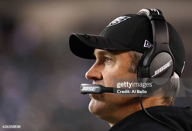 Head coach Doug Pederson of the Philadelphia Eagles looks on in the fourth quarter against the Green Bay Packers at Lincoln Financial Field on...