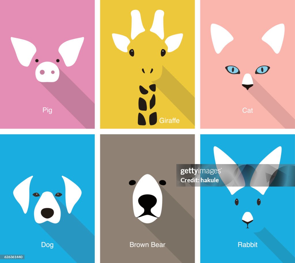 Animal cartoon face, flat face icon vector