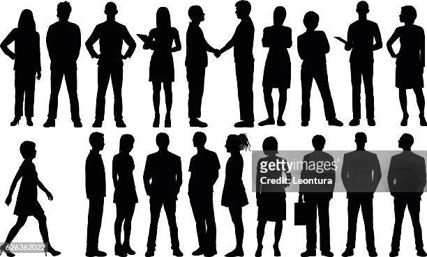 stockillustraties, clipart, cartoons en iconen met detailed people silhouettes - group of businesspeople standing low angle view