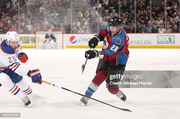 Patrick Wiercioch of the Colorado Avalanche shoots against the Edmonton Oilers at the Pepsi Center on November 23, 2016 in Denver, Colorado. The...