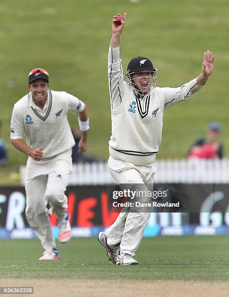 Tom Latham of New Zealand celebrates his catch which took the final Pakistan wicket on day five of the Second Test match between New Zealand and...