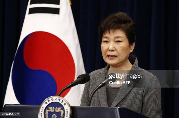 South Korean President Park Geun-Hye speaks during an address to the nation, at the presidential Blue House in Seoul on November 29, 2016. South...