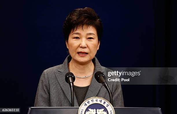 South Korean President Park Geun-Hye makes a speech during an address to the nation, at the presidential Blue House in Seoul on November 29, 2016....