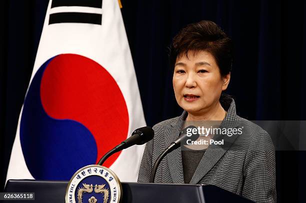 South Korean President Park Geun-Hye makes a speech during an address to the nation, at the presidential Blue House in Seoul on November 29, 2016....