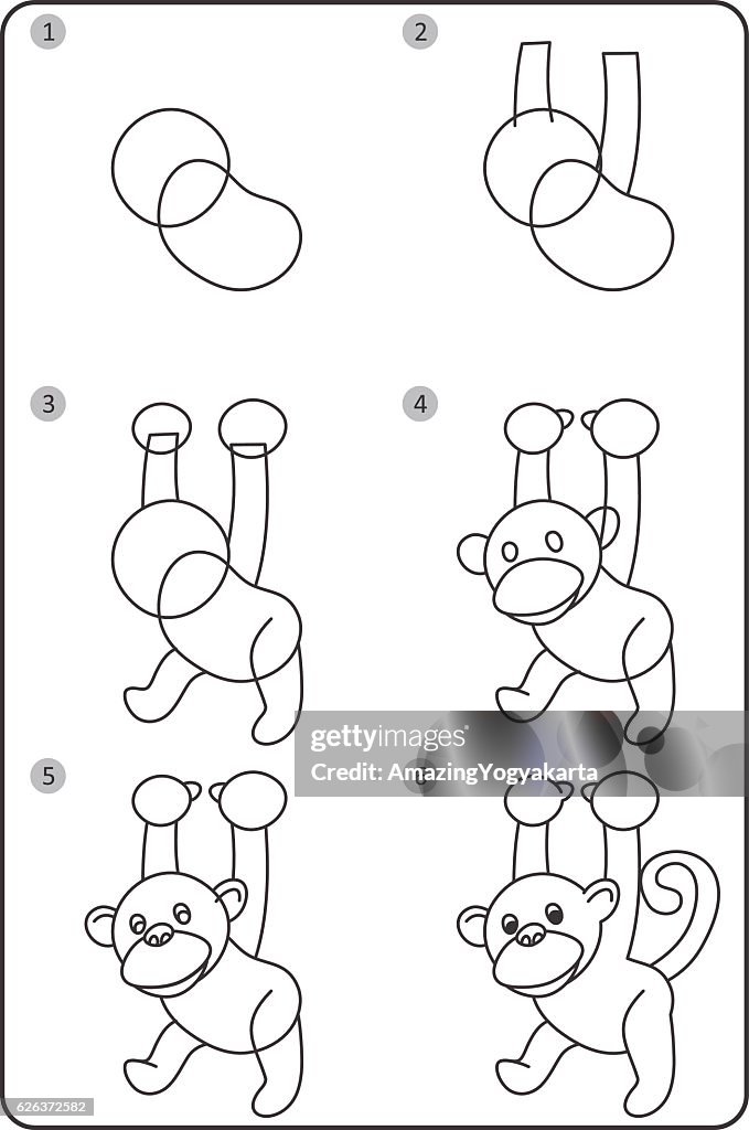 Cómo Dibujar Mono Fácil Dibujo Mono Para Niños Paso A Paso Ilustración de  stock - Getty Images
