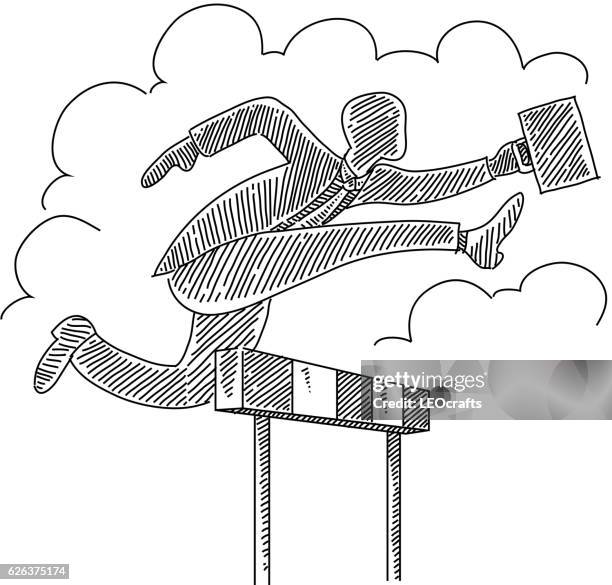 business man jumping over hurdle drawing - hurdle stock illustrations