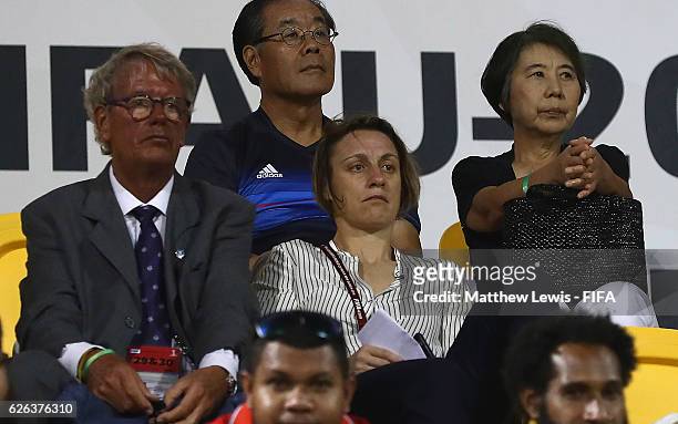 Ex-French footballer Sandrine Soubeyrand looks on during the FIFA U-20 Women's World Cup Papua New Guinea 2016 Semi Final match between Japan and...