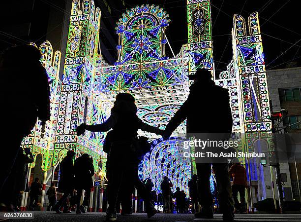 Luminarie light arches in downtown Kobe are switched on in a test on November 28, 2016 in Kobe, Hyogo, Japan. The annual event first took place in...