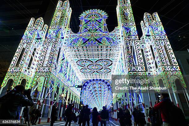 Luminarie light arches in downtown Kobe are switched on in a test on November 28, 2016 in Kobe, Hyogo, Japan. The annual event first took place in...