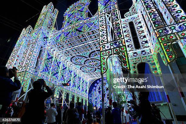 Luminarie light arches in downtown Kobe are switched on in a test on November 28, 2016 in Kobe, Hyogo, Japan. The annual event first took place in...