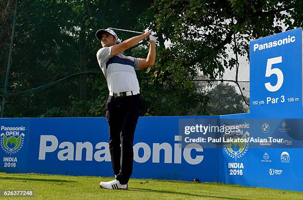 Javi Colomo of Spain plays a shot during practice for the Panasonic Open India at Delhi Golf Club on November 29, 2016 in New Delhi, India.