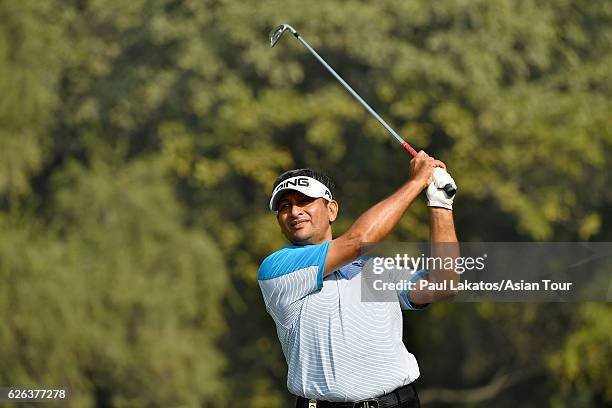 Gaurav Ghei of India plays a shot during practice for the Panasonic Open India at Delhi Golf Club on November 29, 2016 in New Delhi, India.