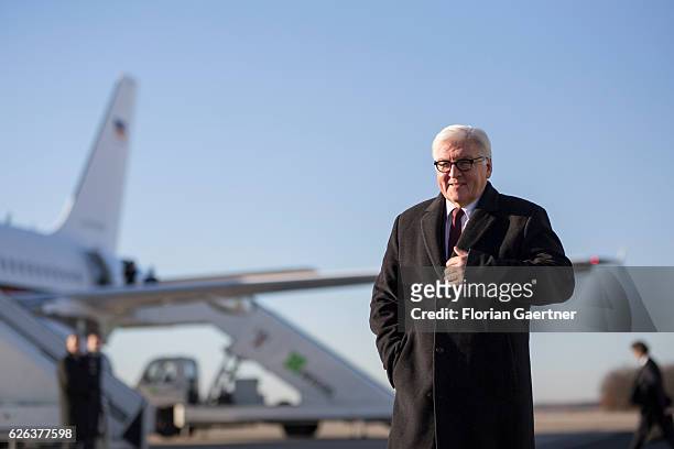 German Foreign Minister Frank-Walter Steinmeier is pictured in front of the government plane on November 29, 2016 in Berlin, Germany. The Foreign...