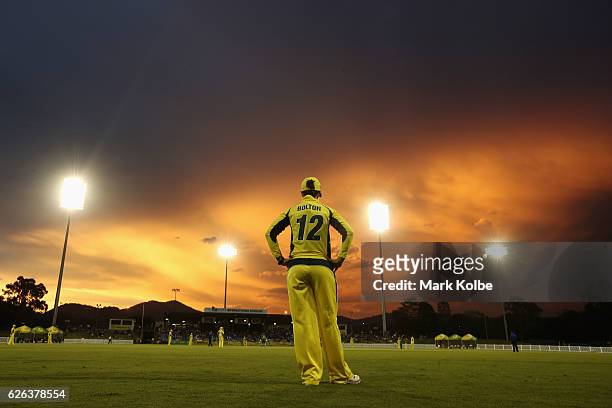 General view is seen while Nicole Bolton of Australia fields as the sun sets during the women's one day international match between Australia and...