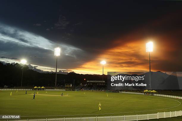 General view is seen as the sun sets during the women's one day international match between Australia and South Africa on November 29, 2016 in Coffs...