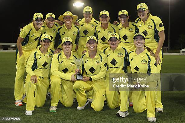 The Australian Southern Stars team pose with the trophy after their 4-0 series victory after winning the women's one day international match between...