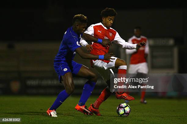 Darnell Johnson of Leicester City and Gedion Zelalem of Arsenal in action during the Premier League 2 match between Arsenal and Leicester City at...